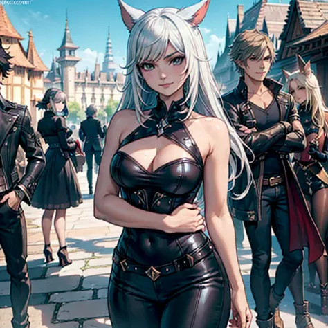 1fille, miqo&#39;te final fantasy 14, porte un jean noir, un haut noir, arms crossed, cheveux noirs , yeux verts, queue, teint n...