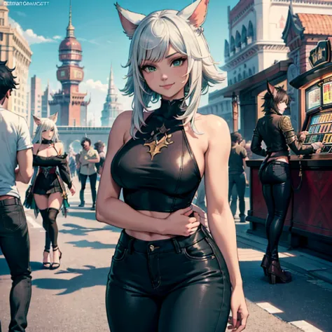 1 girl, miqo'te final fantasy 14, wears black jeans, black top, arms crossed, blacack hair, green eyes, tail, black complexion, ...