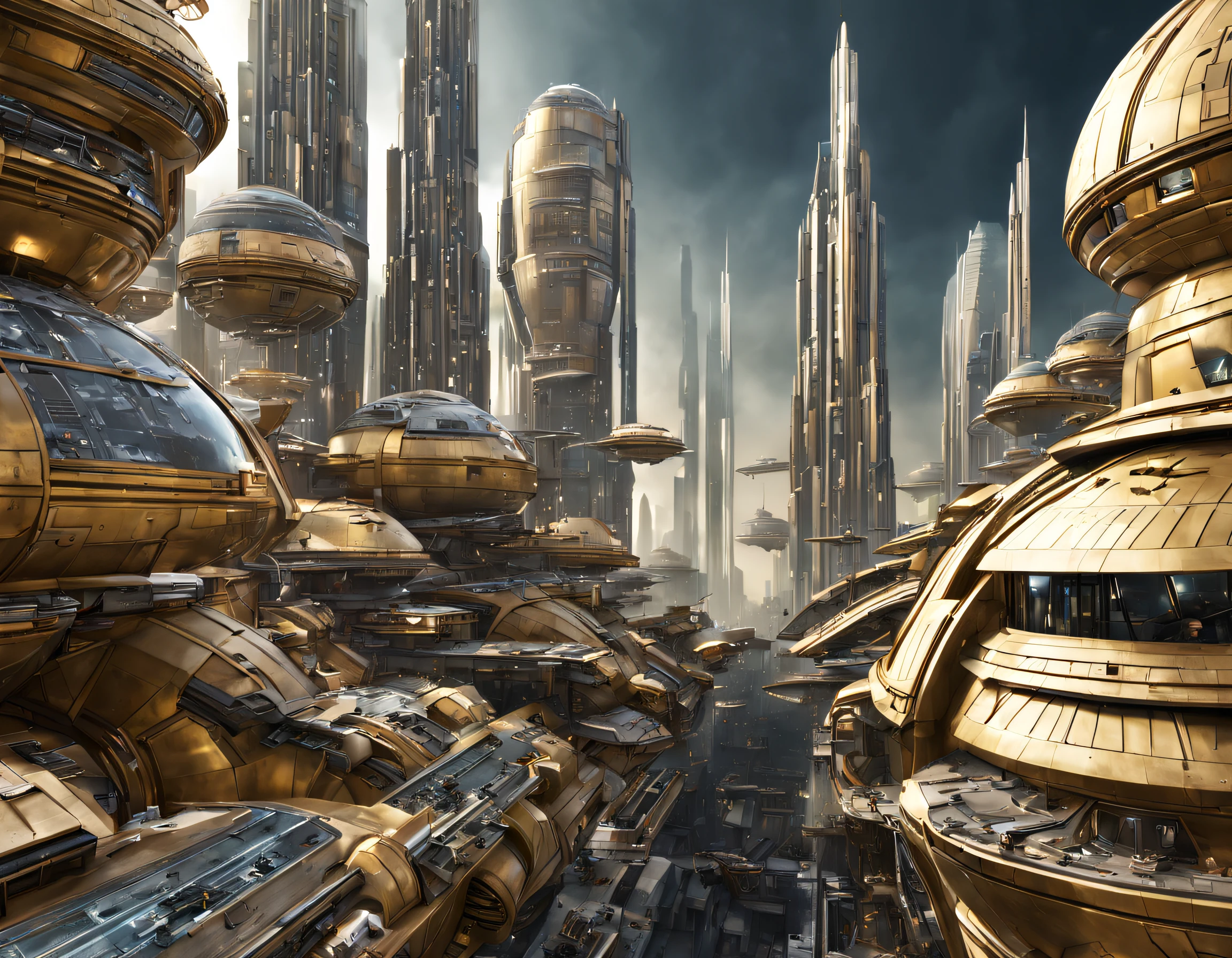 ((The city of Coruscant from Star Wars as designed by Doug Chiang)), futuristic fantasy city with immense buildings of technological design de aspecto metalico, (que forman una avenida infinita), edificios compactor no difuminados, (con estructuras acristaladas en plata, oro y bronce espectaculares), (con colores vivos). edificios con ventanas, terrazas, iluminadas con diversos colores vivos, pavimento ensolado (sin brillo). gente paseando. imagen bien definida con muchos edificios juntos. imagen nitida bien definida 8k. los edificios llegan alta el fondo.,8k. imagen cinematografica. iluminacion hora dorada. calidad superior. (obra maestra). renderizado 3d.