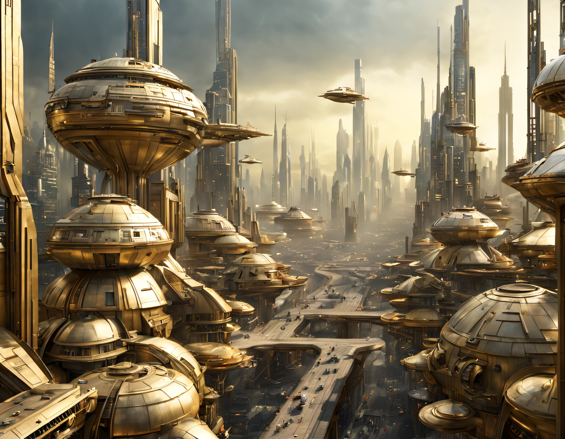 ((The city of Coruscant from Star Wars as designed by Doug Chiang)), futuristic fantasy city with immense buildings of technological design de aspecto metalico, (que forman una avenida infinita), edificios compactor no difuminados, (con estructuras acristaladas en plata, oro y bronce espectaculares), (con colores vivos). edificios con ventanas, terrazas, iluminadas con diversos colores vivos, pavimento ensolado (sin brillo). gente paseando. imagen bien definida con muchos edificios juntos. imagen nitida bien definida 8k. los edificios llegan alta el fondo.,8k. imagen cinematografica. iluminacion hora dorada. calidad superior. (obra maestra). renderizado 3d.