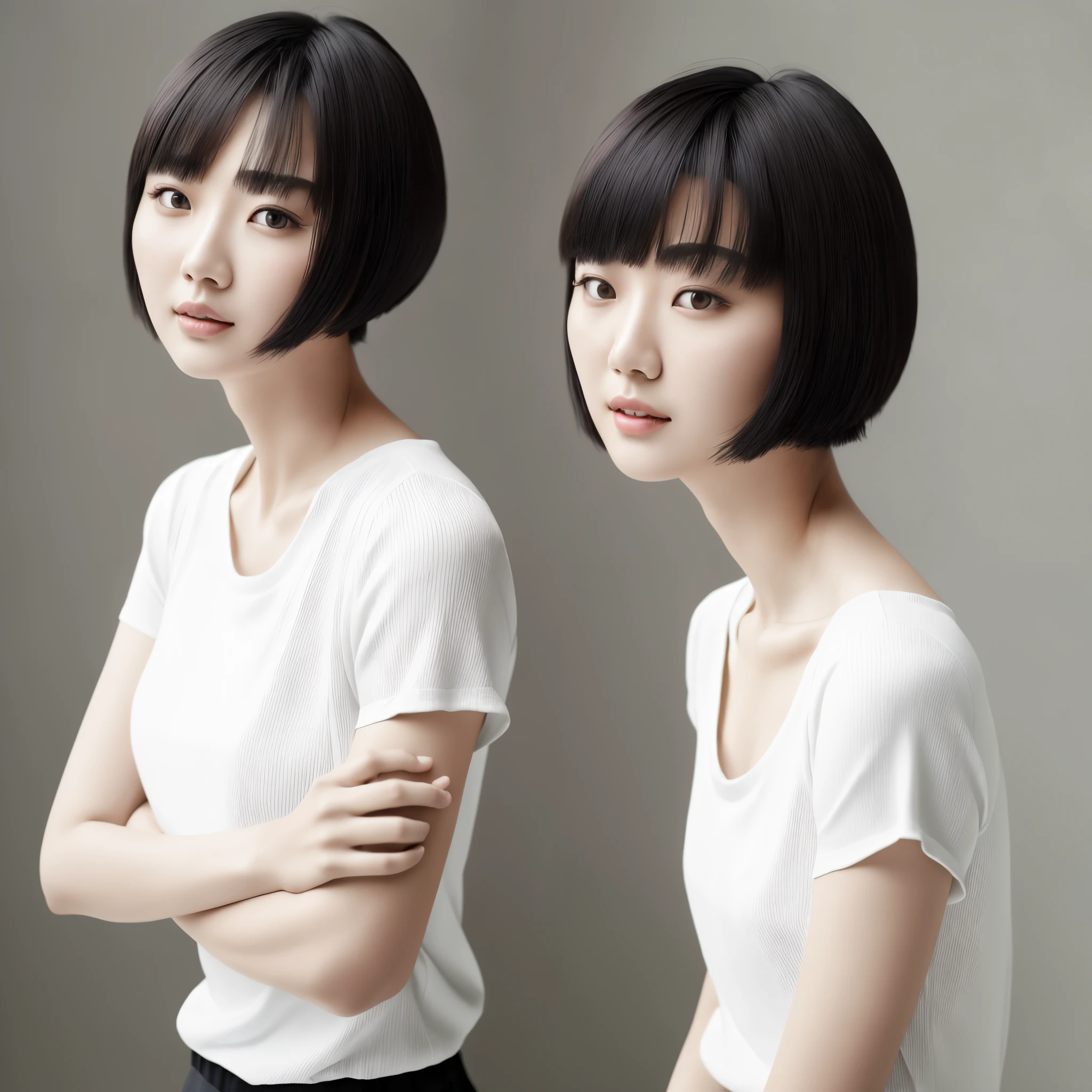 there is a woman with a white top and a black hair, south east asian with round face, yun ling, with short hair, korean woman, jiyun chae, realistic studio portrait, mei-ling zhou, realistic portrait photo, an asian woman, kwak ji young, head and shoulders portrait, asian woman, chengyou liu, asian female