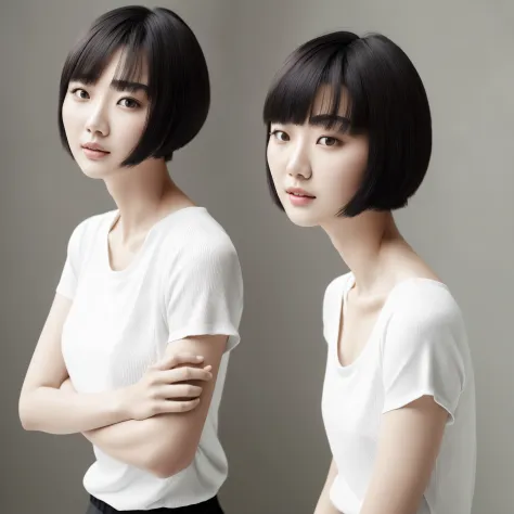 there is a woman with a white top and a black hair, south east asian with round face, yun ling, with short hair, korean woman, j...