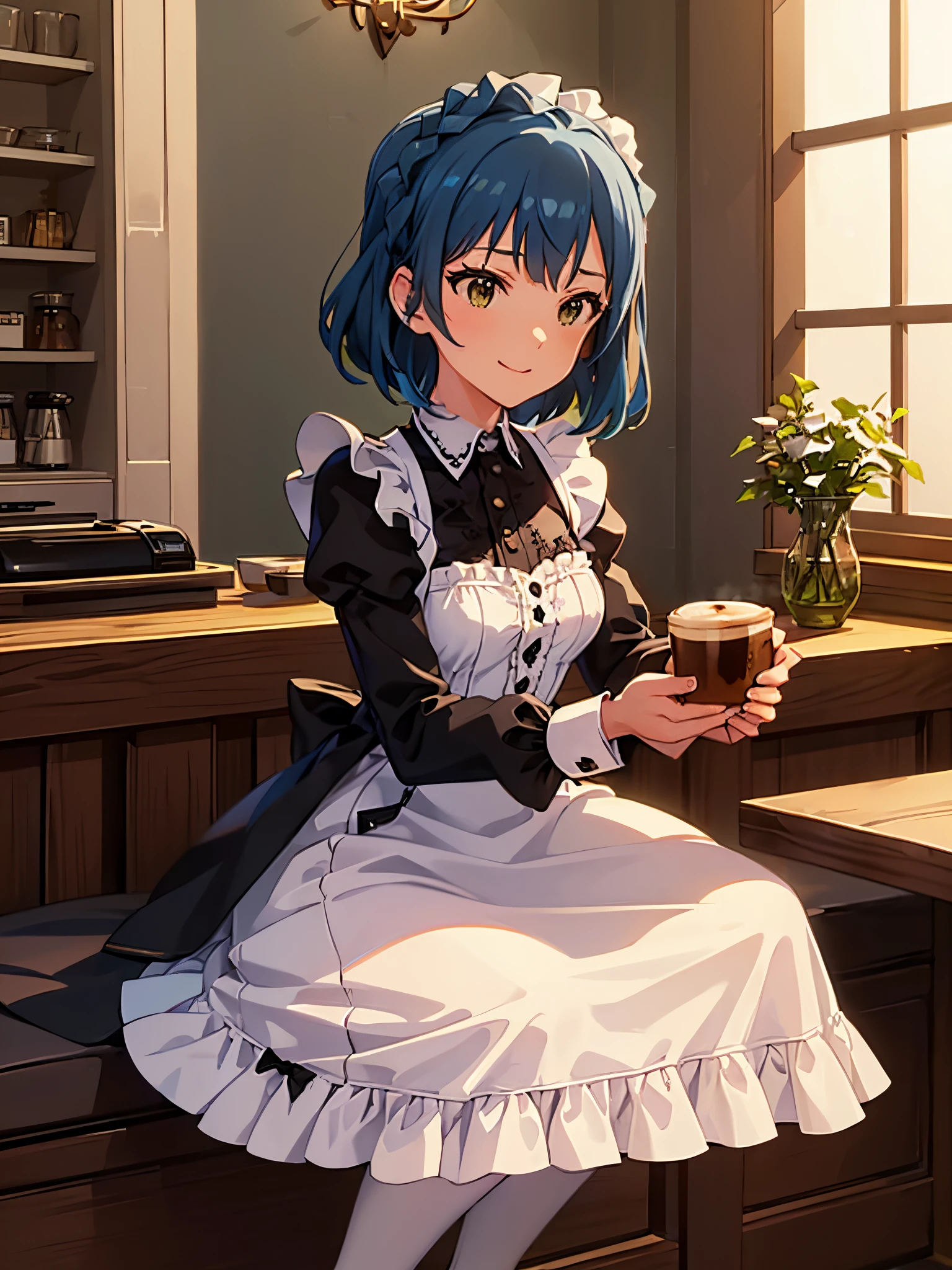 Anime girl in maid outfit sitting on counter with coffee - SeaArt AI