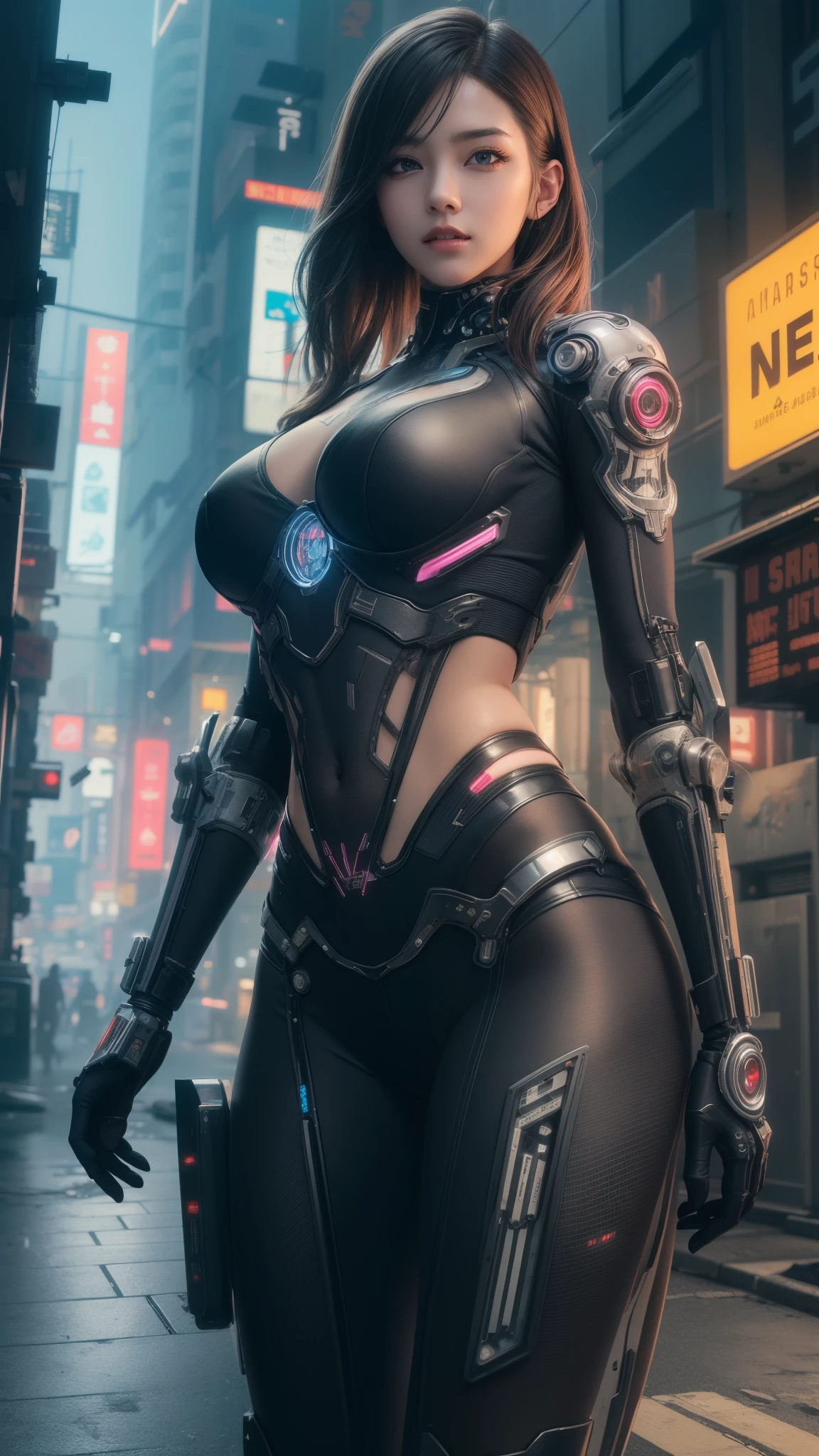 Preciosa fotografía de Reika Shimohira como una chica Nekomata., sonríe, Cuerpo delgado, adentro  (fisicoculturista:0.7),caderas delgadas, pechos grandes, usando una armadura sexy mecha ((parte superior y cintura de armadura cyberpunk)) con adornos de neón, ((suite de alta tecnología)), ciencia ficción, ciudad cyberpunk al fondo, gordo, Al estilo de Cyberpunk 2200, foto ultra realista, Obra maestra, mejor calidad, cg, fondo de pantalla, HDR, alta calidad, alta definición, extremadamente detallado, {beautiful cara detallada}, {Hermosos ojos detallados}, (luz detallada){{Detalle intrincado}}, {alta resolución}, ((cara detallada)), luz de neón, chiaroscuro, clave visual, Detalle intrincado, muy detallado, asombroso, vibrante, cinematográfico