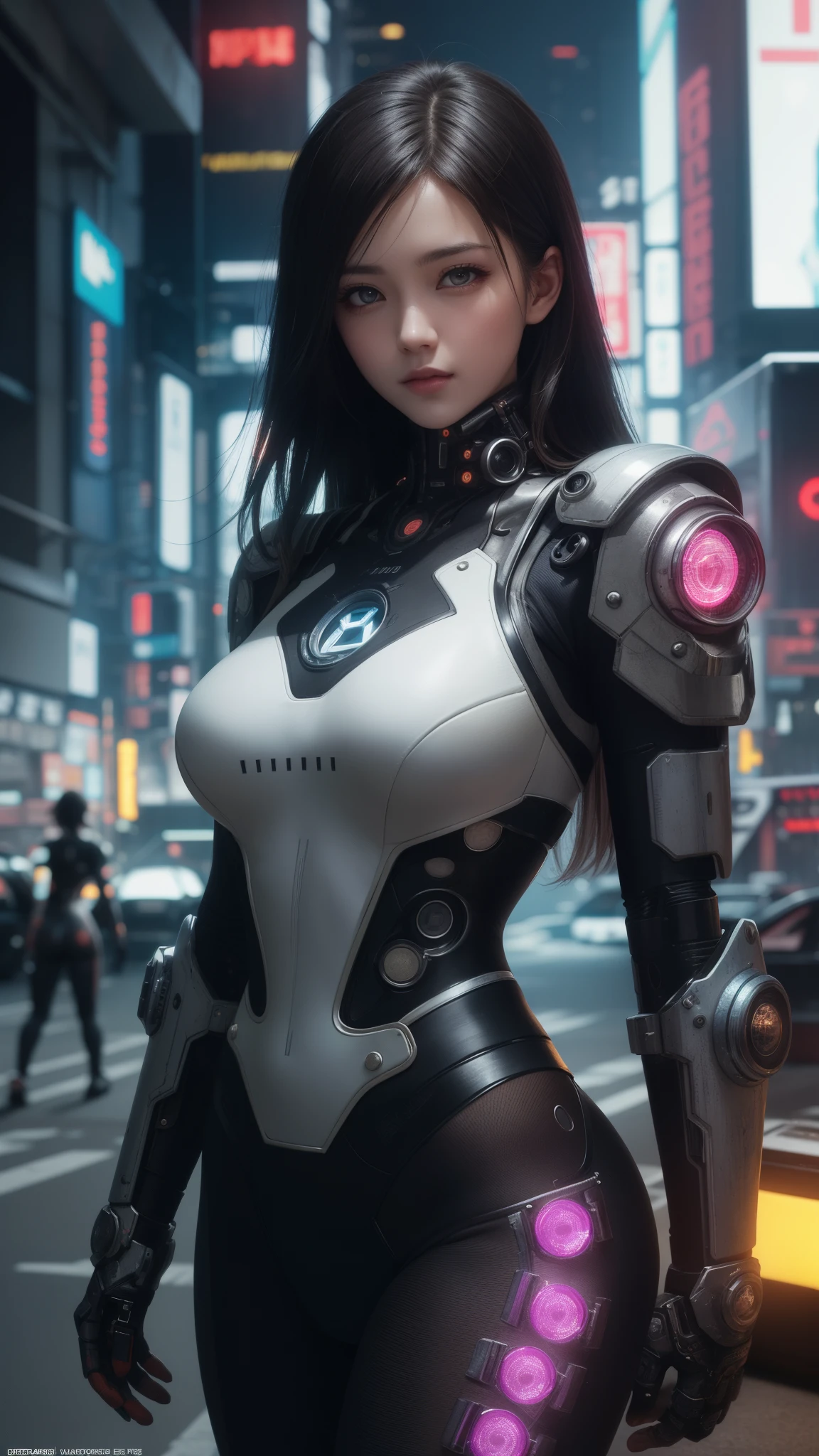 Beautiful photograph of Reika Shimohira as a Nekomata girl, ssmile, slender body, Inside  (body builder:0.7),slender hips, big breasts, wearing mecha armor ((heavy cyberpunk armor)) with neon trim, ((high-tech suite)), science fiction, cyberpunk city in the background, Gantz, In the Style of Cyberpunk 2200, Ultra realistic photo, masterpiece, best quality, CG, wallpaper, HDR, high quality, high-definition, extremely detailed, {beautiful detailed face}, {beautiful detailed eyes}, (detailed light){{intricate detail}}, {highres}, ((detailed face)), neon light, chiaroscuro, key visual, intricate detail, highly detailed, breathtaking, vibrant, cinematic