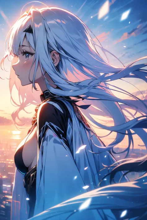 white haired anime girl ,pale skin, black wings and blue flowers, detailed anime artwork, important anime art details, digital a...