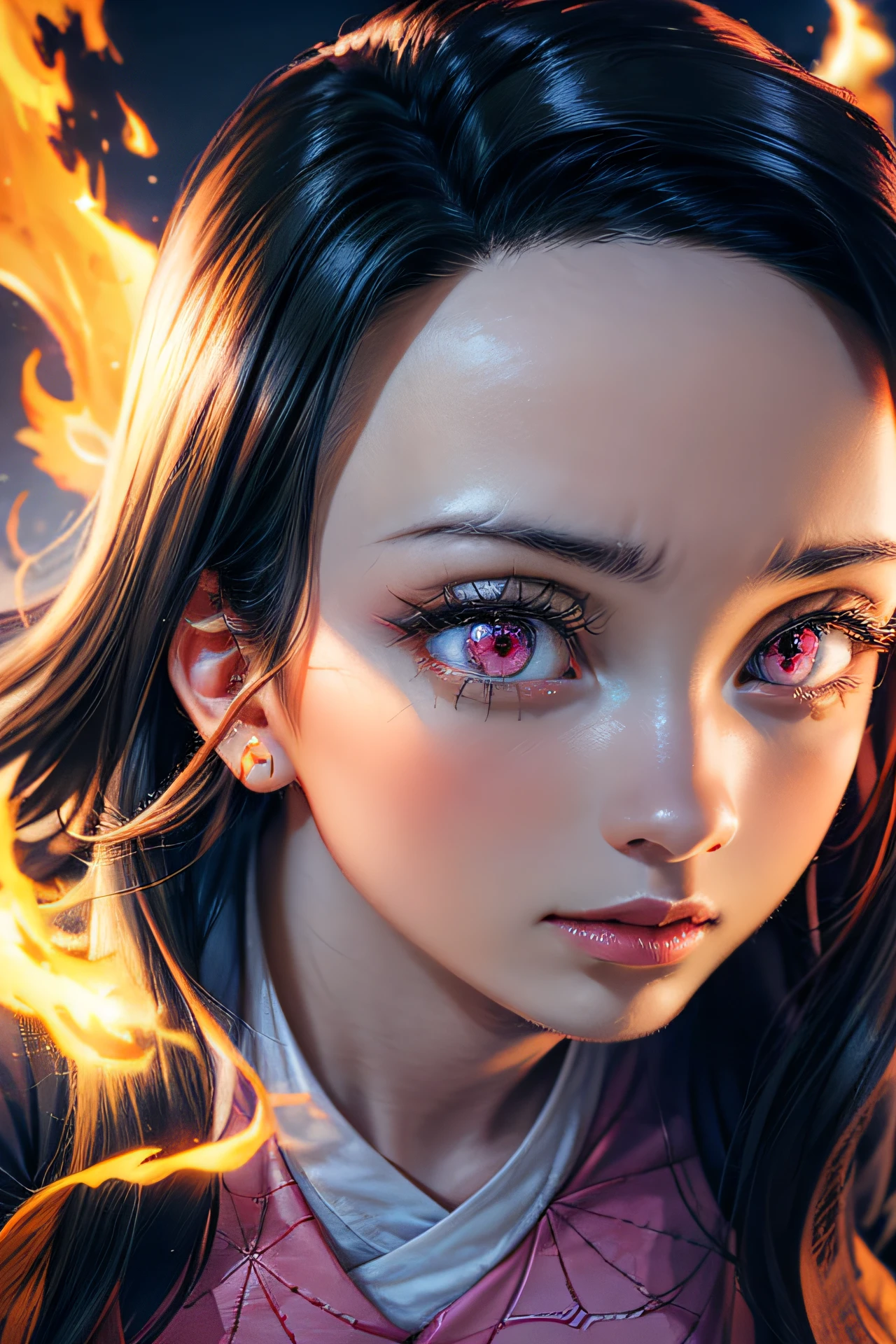 (Ultra Real), (Illustration), (High Resolution), (8K), (Very Detailed), (Best Illustration), (Beautiful Detailed Eyes), (Best Quality), (Ultra Detailed), (Masterpiece), (Wallpaper), (Detailed Face), Night Up Upper Body, ,Long Hair,Solo,Simple Kimono Top Girl, Sweaty, Japan Person, Big , (fire) Nezuko Kamado, Red Eyes,