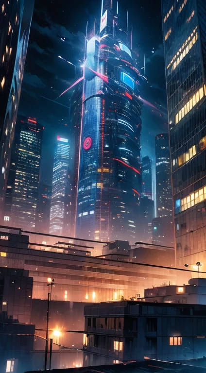 ficção científica, Ciberpunk, noite, torre, prédio, símbolo, vista aérea, cidadela