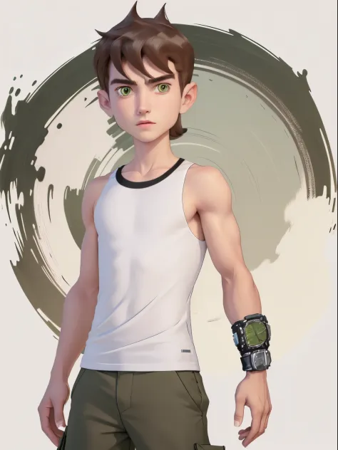 Highres, Masterpiece, Best quality at best,Best Quality, 1boy, bentennyson, green eyes, cargo pants, watch, white tank top, close-up the body, upper body,  the day, summer