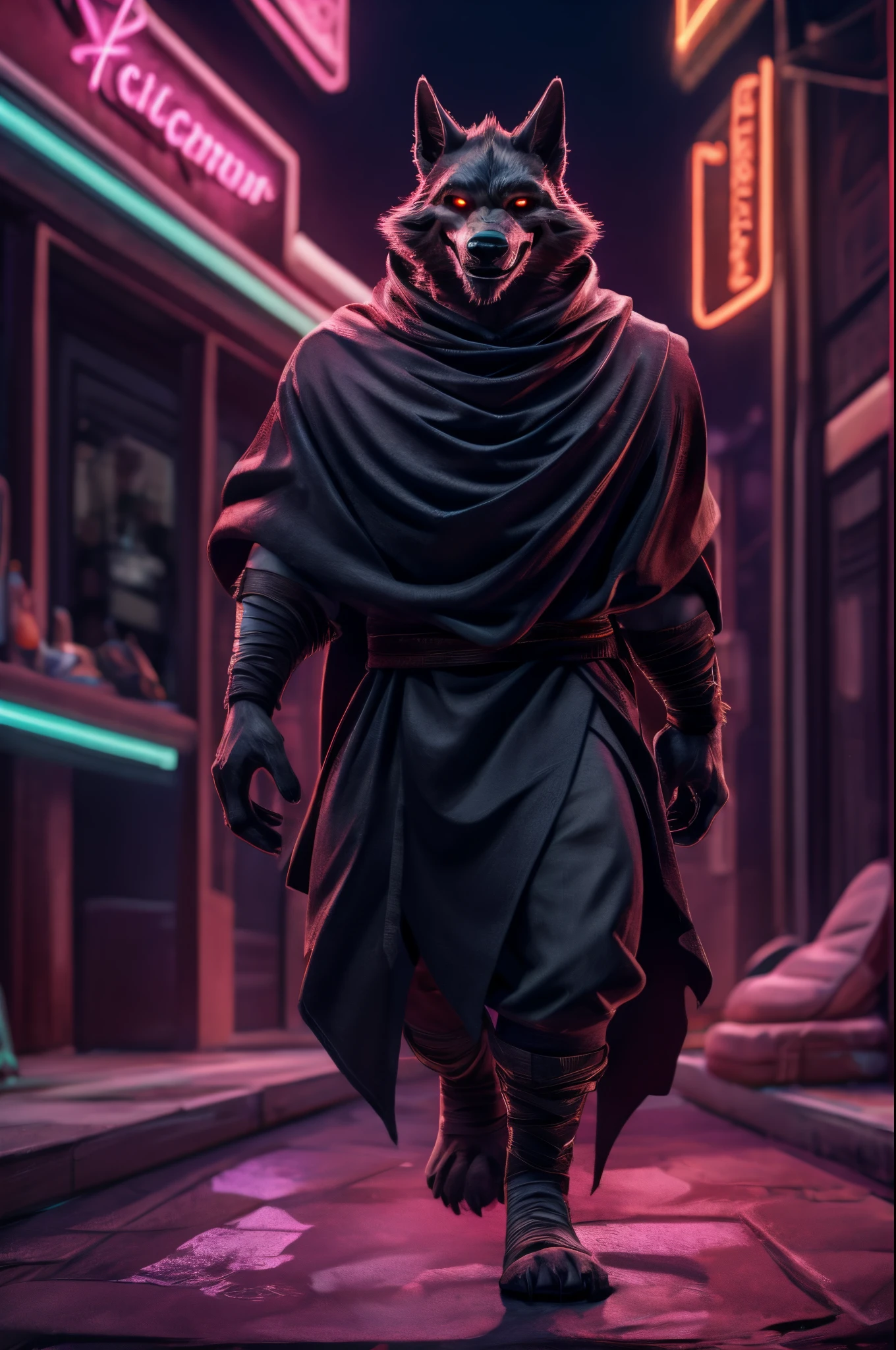 death (puss in boots), male, black monk clothes, smile, full body, red eye, detailed face, perfect fur, high quality, dark overlays around body, neon lights background