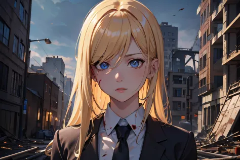 masterpiece, best quality, 1girl, blonde hair, blue eyes, suit and tie, covered in blood, destroyed building, burning building, ...