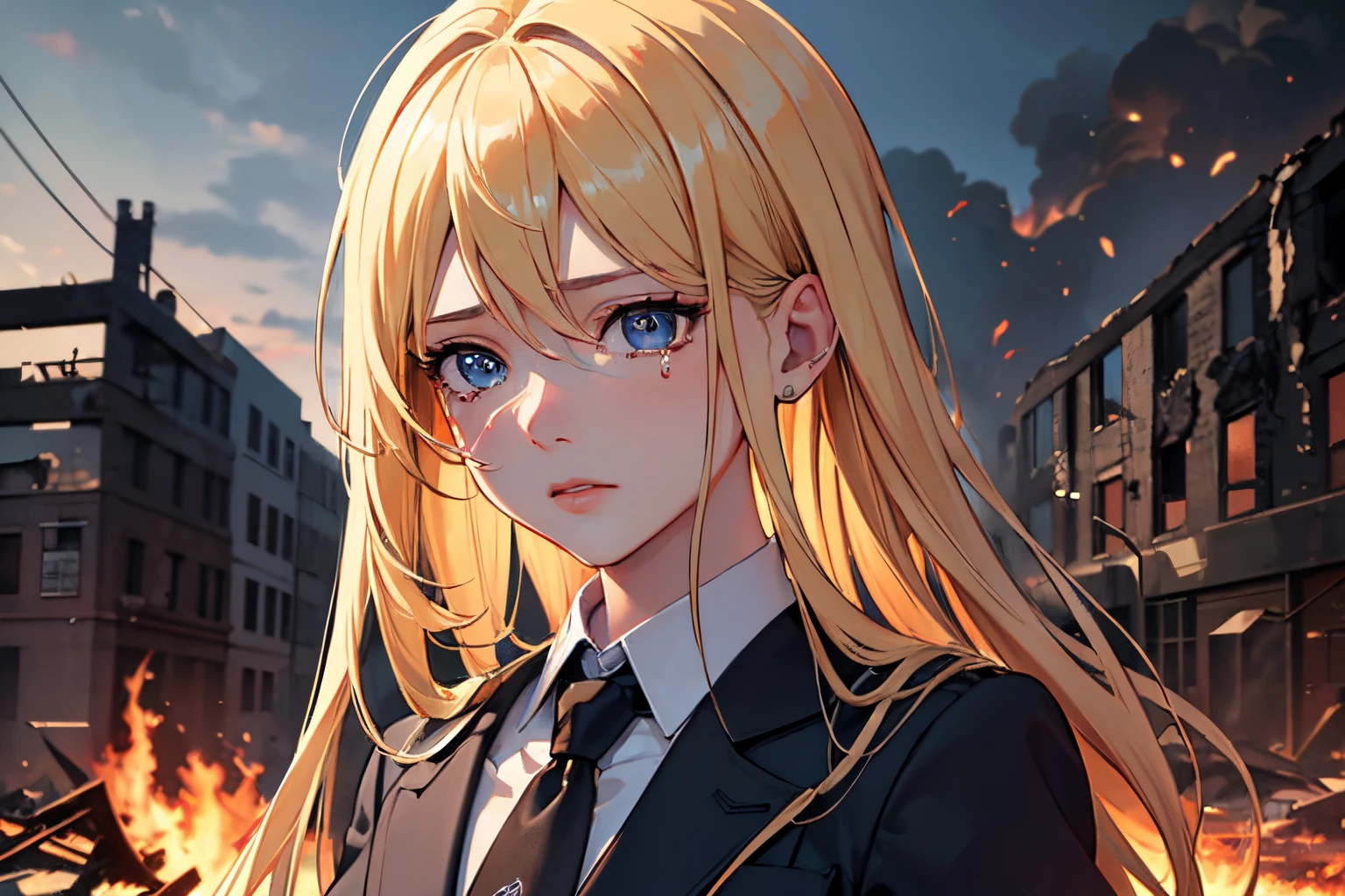 masterpiece, best quality, 1girl, blonde hair, blue eyes, suit and tie, covered in blood, destroyed building, burning building, fire, sad, crying, detailed eyes, detailed facial features, realistic and high resolution (best quality, 4k, 8k, highres, masterpiece:1.2)