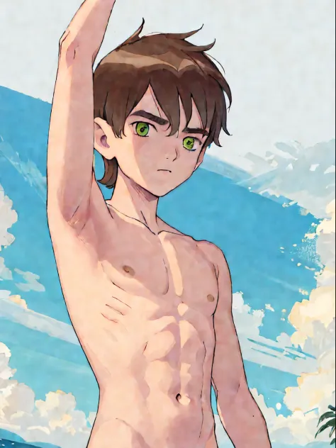 Highres, Masterpiece, Best quality at best,Best Quality,hight quality, hight detailed, 1boy, bentennyson, green eyes, (shirtless, topless, bare chest), (showing armpit:1.3), upper body, the day, summer