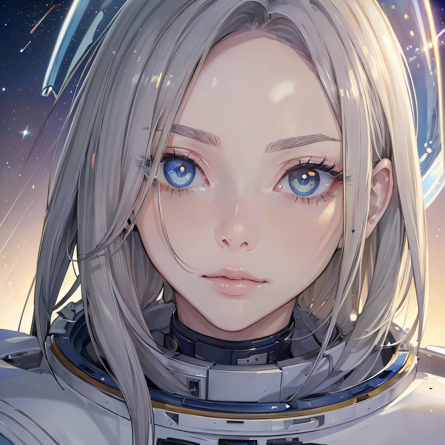 (A masterpiece of better quality in close-ups:1.5)0.9], (Space and astronauts:1.2) (Messy silver hair:1.1) (Yellow eyes with heterochromia and blue eyes:1.2) (space helmet:1.0) (Colored stars in the eyes:1.0) (radiant light:1.1) (Big lips:0.9)