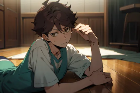 oikawa tooru,lying on floor,looking at viewer,1 man,solo focus,cinematic lighting, sultry expression, detailed shading,masterpie...