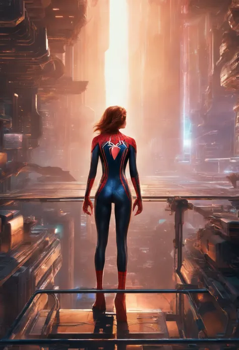 Full body photo of female Spiderman, atmospheric scene, (1girl, detailed beautiful face, big, breasts, big butt, detail skin texture, ultra-detailed body:1.1), rear view, masterpiece, best quality, UHD, masterpiece, super detail, high details, high quality...