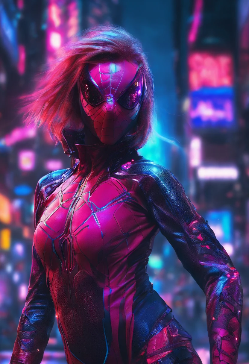 A woman in a spider - man suit stands in front of a neon city - SeaArt AI