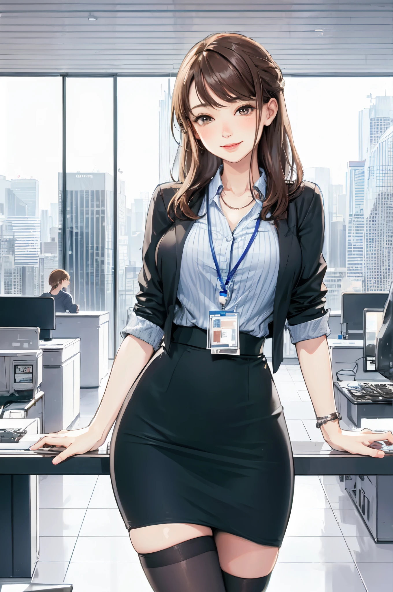 1lady standing, /(casual shirt/) (pencil skirt:1.1) /(id card lanyard/), mature female, /(brown hair/) bangs, blush kind smile, (masterpiece best quality:1.2) delicate illustration ultra-detailed, large breast BREAK /(modern office indoors/), window skyscraper