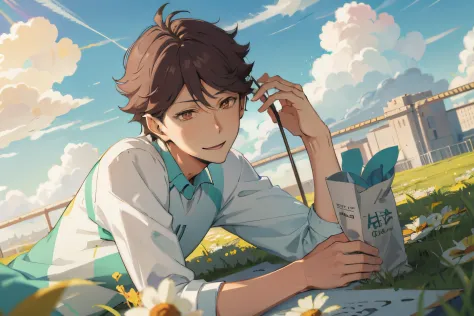 1 man, male focus, solo focus,((male)),oikawa tooru,lying on floor,looking at viewer,grass,sunny day, smiling, blue sky, clouds,...