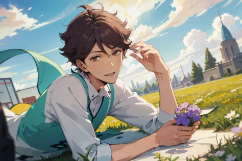 1 man, male focus, solo focus,((male)),perfect face,(((handsome))),oikawa tooru,lying on floor,looking at viewer,grass,sunny day...