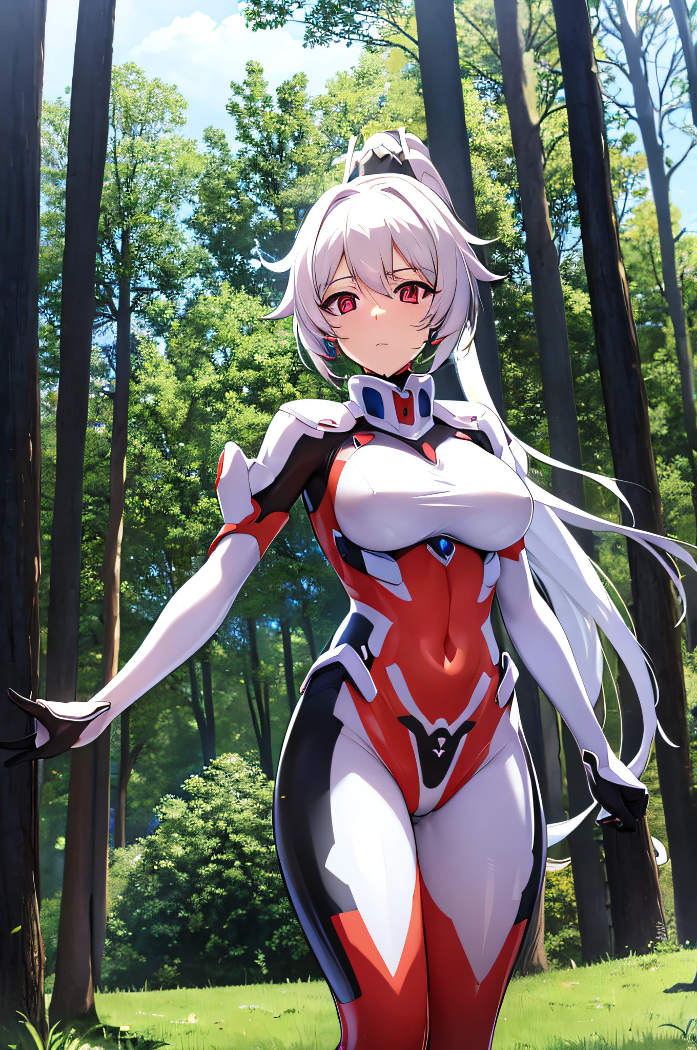 anime masterpiece art of Kiana Kaslana, Herrscher of Flamescion, white hair, long hair, ponytail, red eyes, medium breasts, fortified bodysuit, blue bodysuit, esper powers, brain waves, in woods, latex