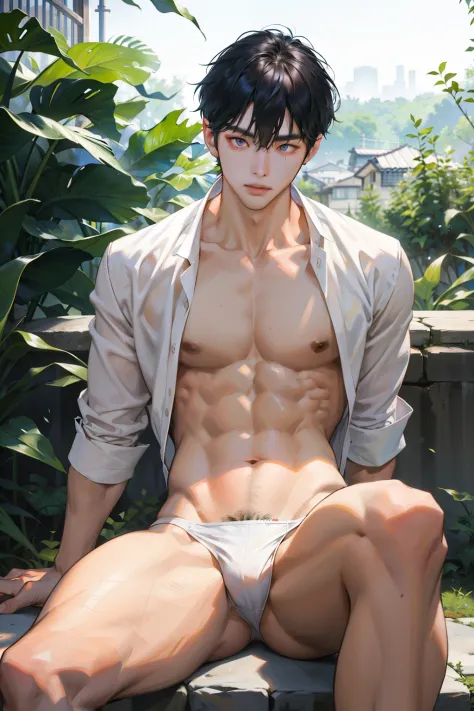 A Korean man, Slim , Fair-skinned Asian, good eyes, Detailed body, Detailed faces, Wear white thongs, Bare lower body, Good outdoor lighting, Seated and sexy poses, Good expression , Sexy and cute, No strange poses, No beard, ,Only skinny thongs, A face as...