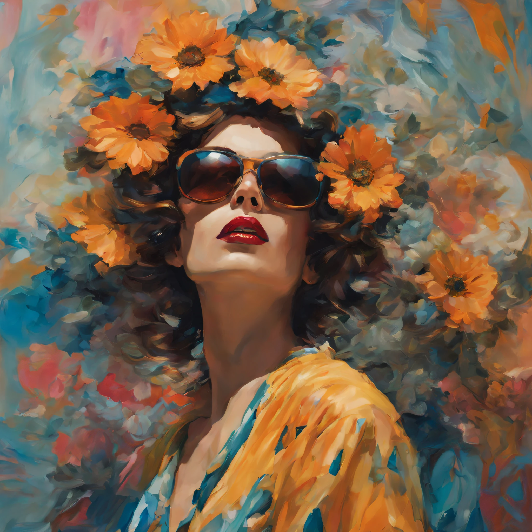 close-up of a beautiful woman with sunglasses, in an expressionist way, in a brave and impressive way, with flowery and pop cultural clothes, in a work of art way, Iridescent, midjorney, 8k.