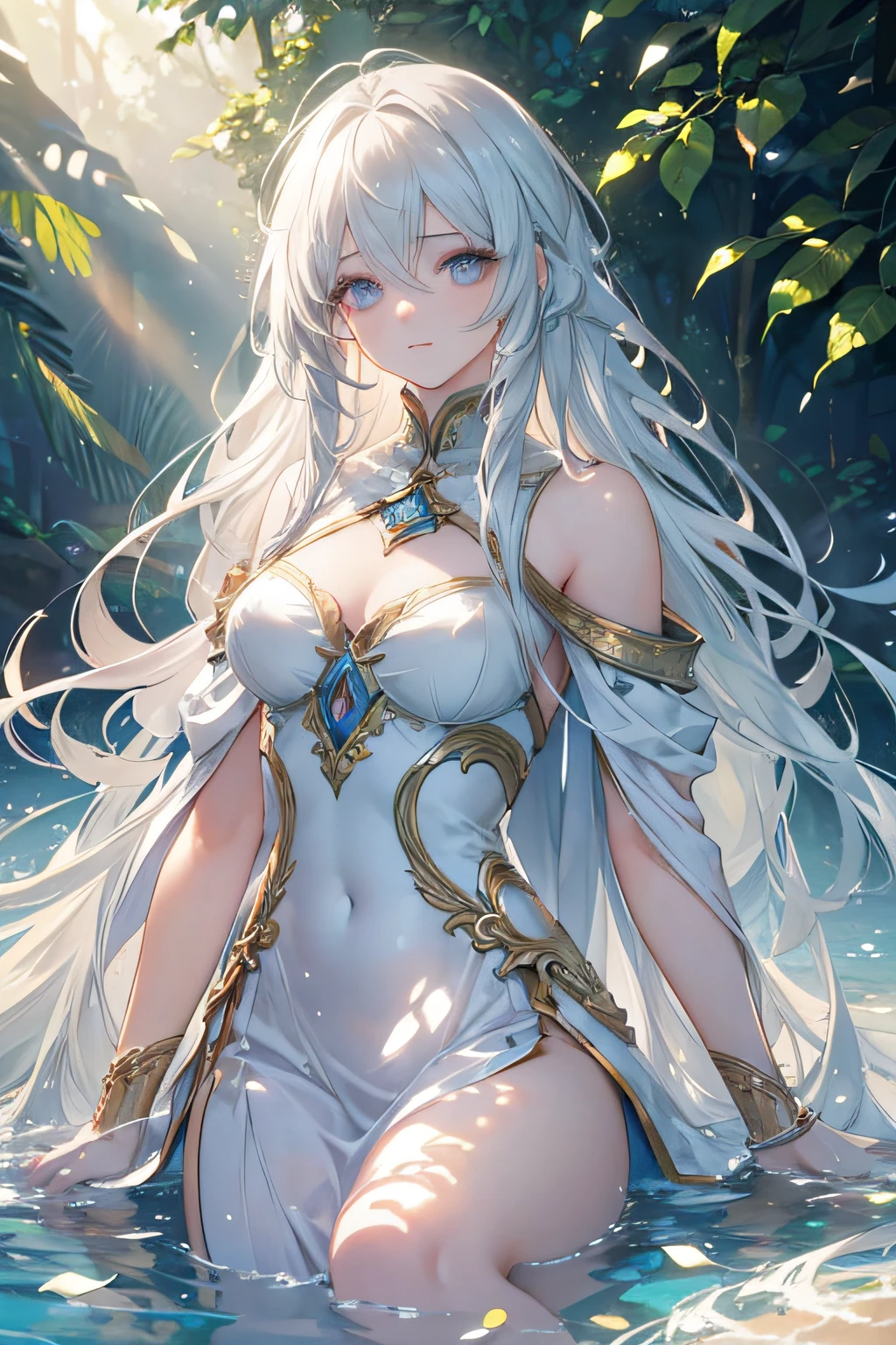 (best quality,ultra-detailed,realistic),illustration,beautiful detailed eyes and face,flowing hair,serene expression,slim figure,graceful posture,dappled sunlight,deep shadows,vibrant colors,dreamy atmosphere.