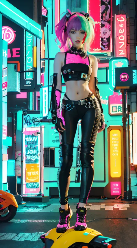 masterpiece, best quality, Confident cyberpunk girl, full body shot, ((standing in front of motorcycle)), Harajuku-inspired pop ...