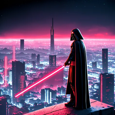 photo, sith standing on a ledge holding a red light saber overlooking a city at night (neonninja style:1)