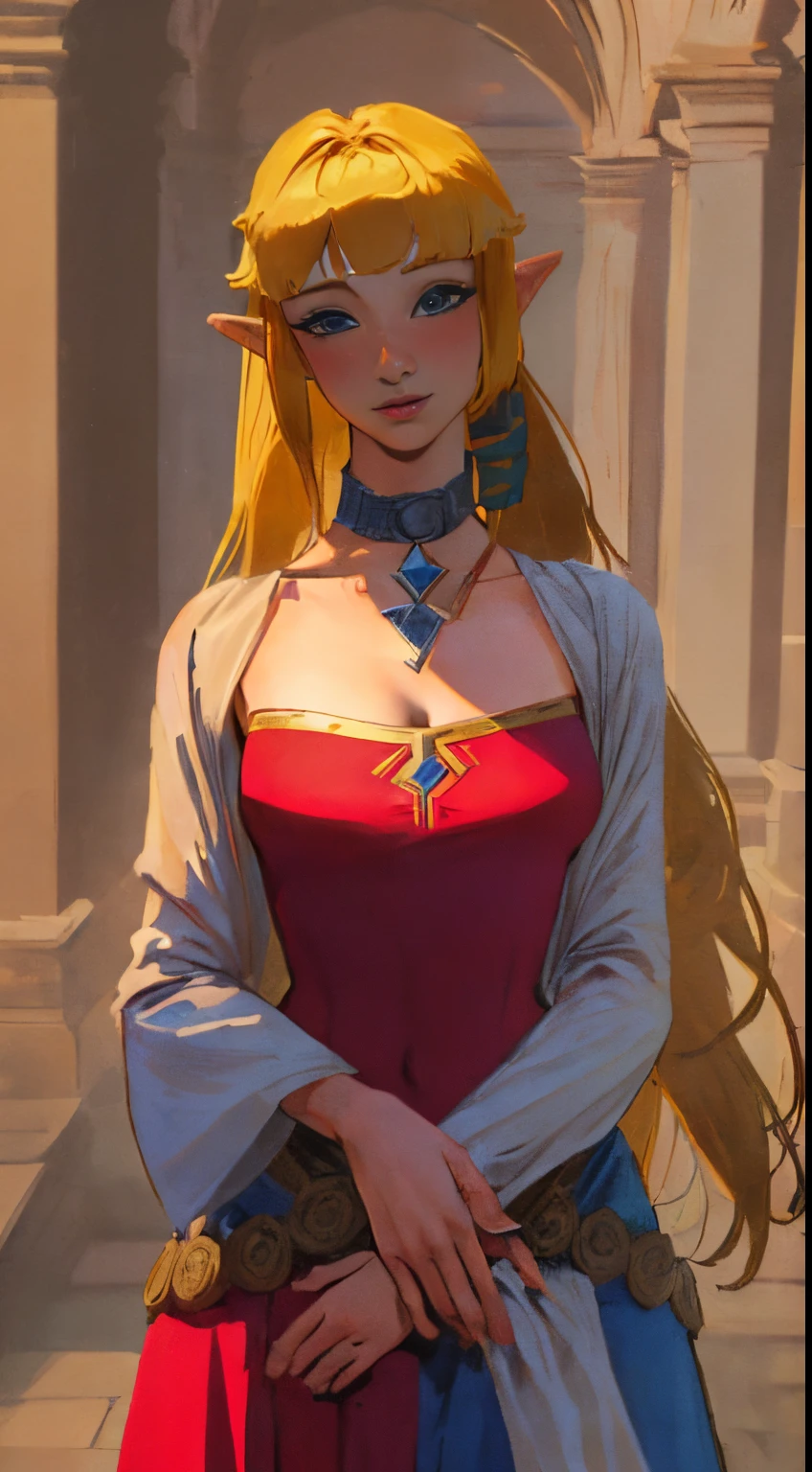 (adult:1.6)(29 years old:1.7)(masterpiece, best quality:1.2), 1girl,solo,(looking at viewer), princess, Zelda, red theme, long strapless dress, blonde hair, bare shoulders, blue eyes, palace, cowboy shot, ponytail,(blushing), (collar), (smiling:0.8),(see-through:0.3)(eyes open:1.3),(excited:0.4)(surprised:0.5)(affectionate:0.9)(detailed)