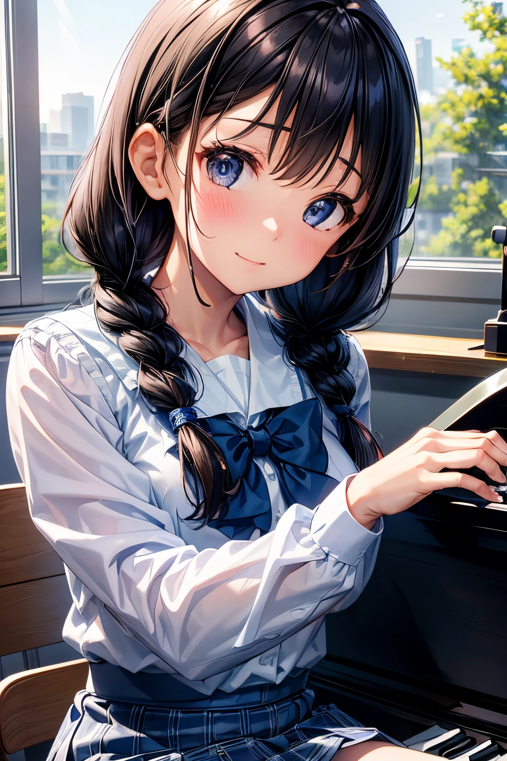 (8K, Best Quality, masutepiece:1.2)、超A high resolution、1 16-year-old female、Detailed fingers、head tilt、detailed face、deep detailed eyes、happy、long sleeve school uniform、navy skirt in plaid skirt、Black hair、twin braids、独奏、Detailed fingers、((Playing a grand piano)),School Music Room、Sunset