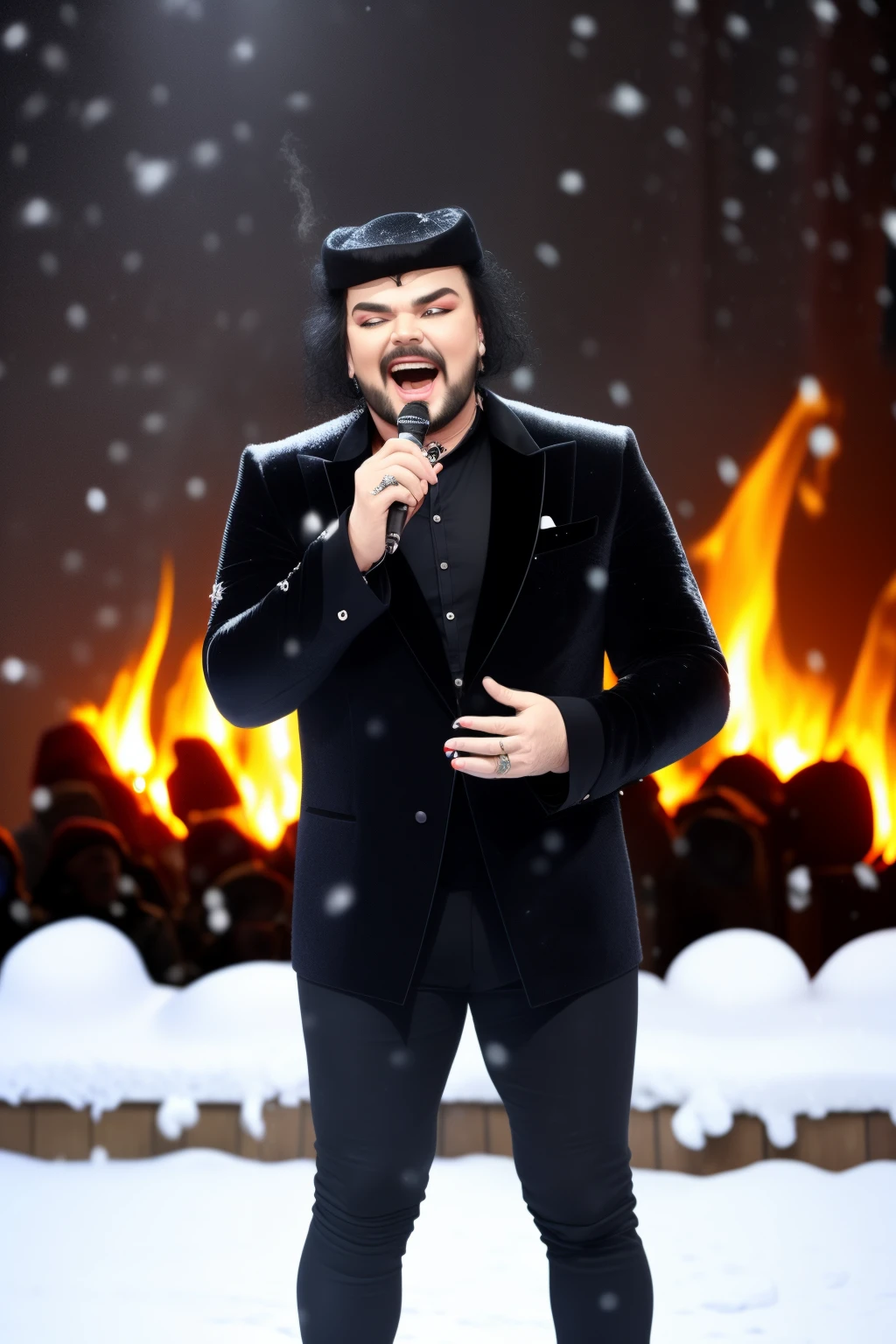 A man in a suit singing into a microphone in front of a fireplace - SeaArt  AI