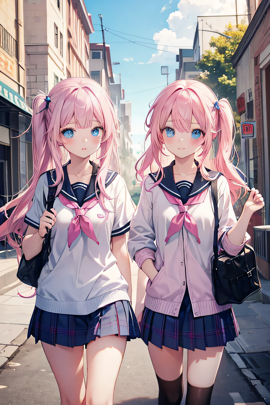 Highschool Girls,twins,pink hair,blue eyes, on the way to school