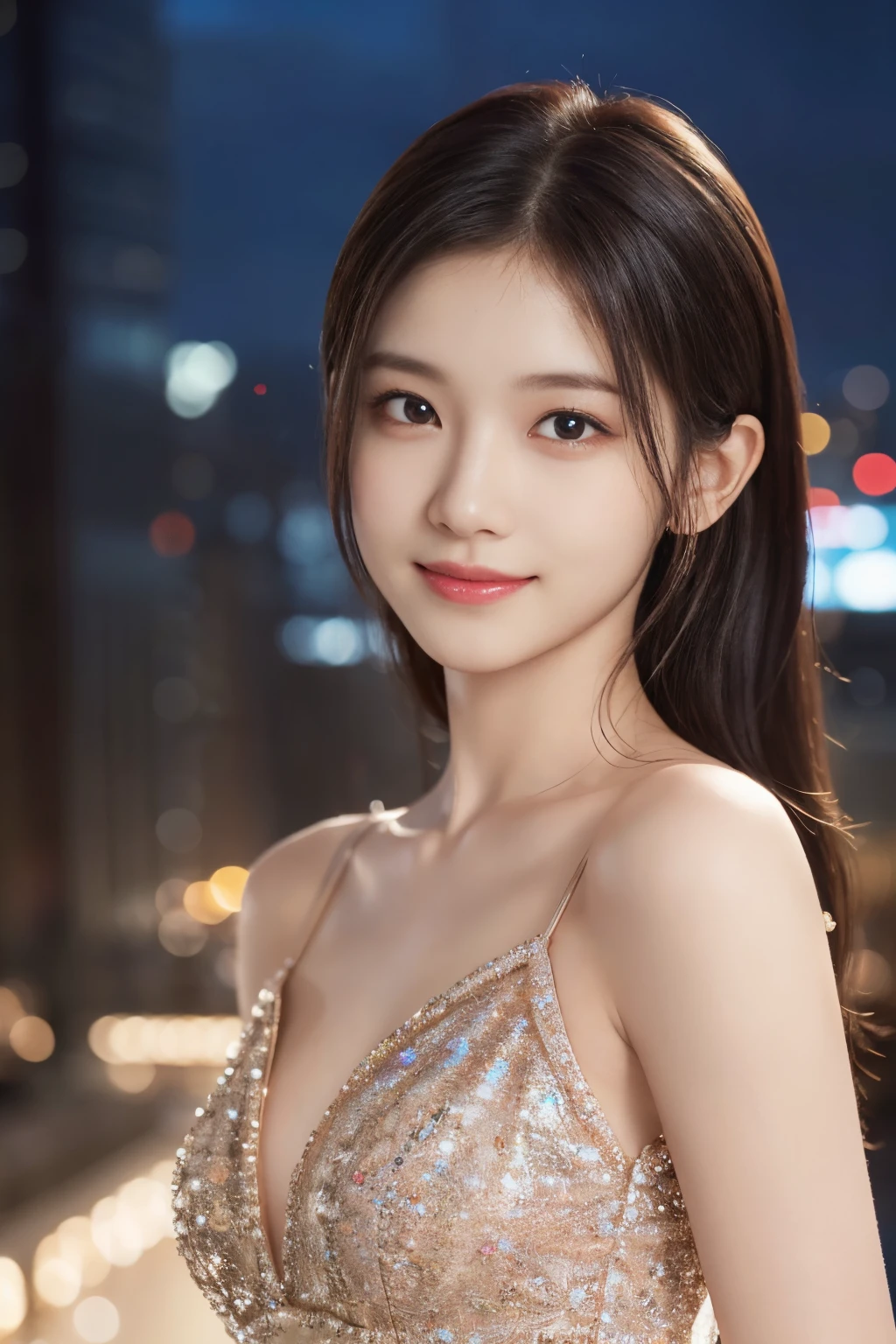 1girl in, (Wearing a sparkly dress:1.3), (Raw photo, Best Quality), (Realistic, Photorealsitic:1.4), masutepiece, Extremely delicate and beautiful, Extremely detailed, 2k wallpaper, amazing, finely detail, the Extremely Detailed CG Unity 8K Wallpapers, Ultra-detailed, hight resolution, Soft light, Beautiful detailed girl, extremely detailed eye and face, beautiful detailed nose, Beautiful detailed eyes, Cinematic lighting, city light at night, Perfect Anatomy, Small, Slender body, Smiling