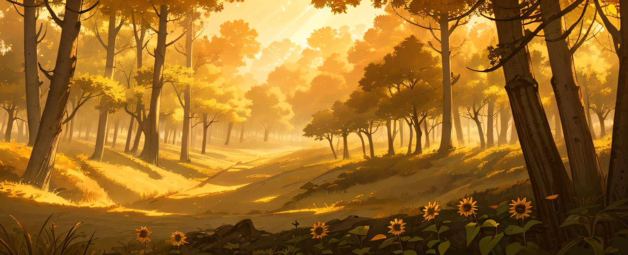 (Masterpiece, Best quality, High quality, Highres:1.4), Detailed, Extremely detailed, Ambient soft lighting, 4K, Outdoor, (Nature, Oak forest:1.2), Flowers, Plants, Autumn, Good lighting, Warm tones, Light rays, Forest animals, Sunflowers, Orange colors