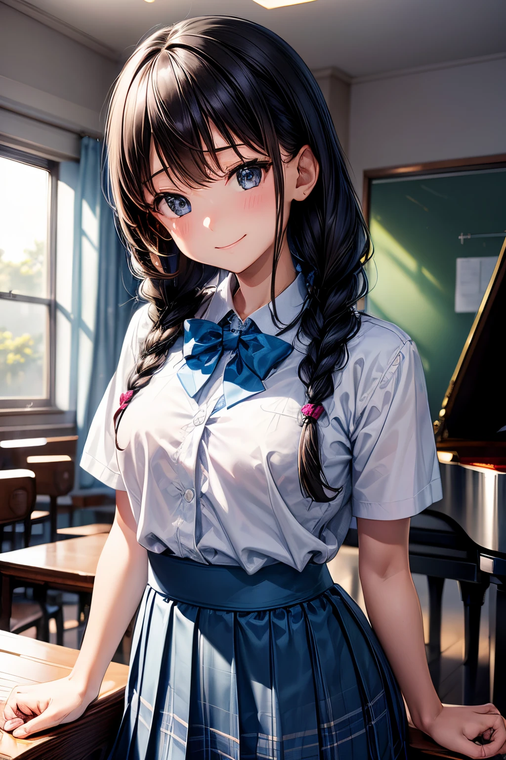 (8K, Best Quality, masutepiece:1.2)、超A high resolution、1 16-year-old female、head tilt、detailed face、deep detailed eyes、star-shaped pupils、forced smile、school uniform,blazer、navy skirt in plaid skirt、school bag、Black hair、twin braids、独奏、Standing in the school music room with a grand piano