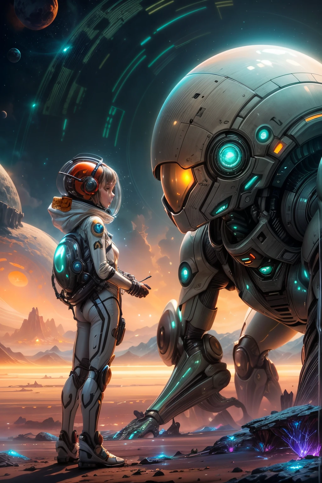 Intriguing encounter: ((Ant and Girl)) in science fiction tandem, under the otherworldly glow of a binary star system, ((futuristic space suits)), surreal surroundings, captivating atmosphere, detailed character expressions, ((alien landscape)).