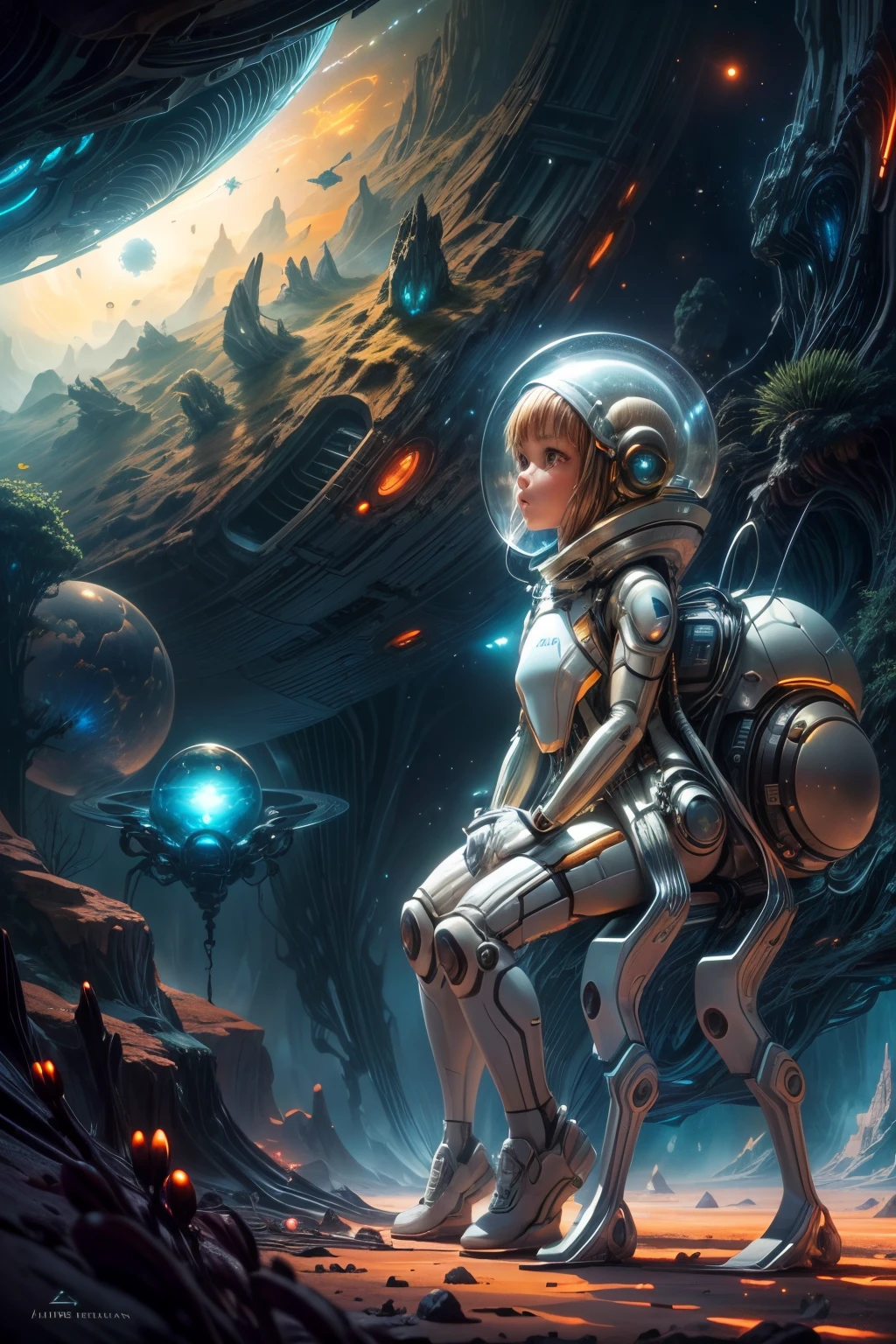 Intriguing encounter: ((Ant and Girl)) in science fiction tandem, under the otherworldly glow of a binary star system, ((futuristic space suits)), surreal surroundings, captivating atmosphere, detailed character expressions, ((alien landscape)).