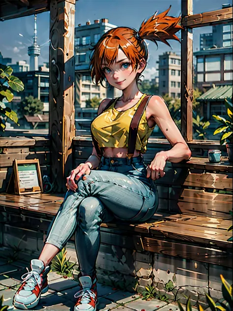 1girl, Misty_Pokemon, yellow crop top, suspenders, side ponytail, orange hair, denim shorts, sneakers, ((sitting, crossed legs, ...