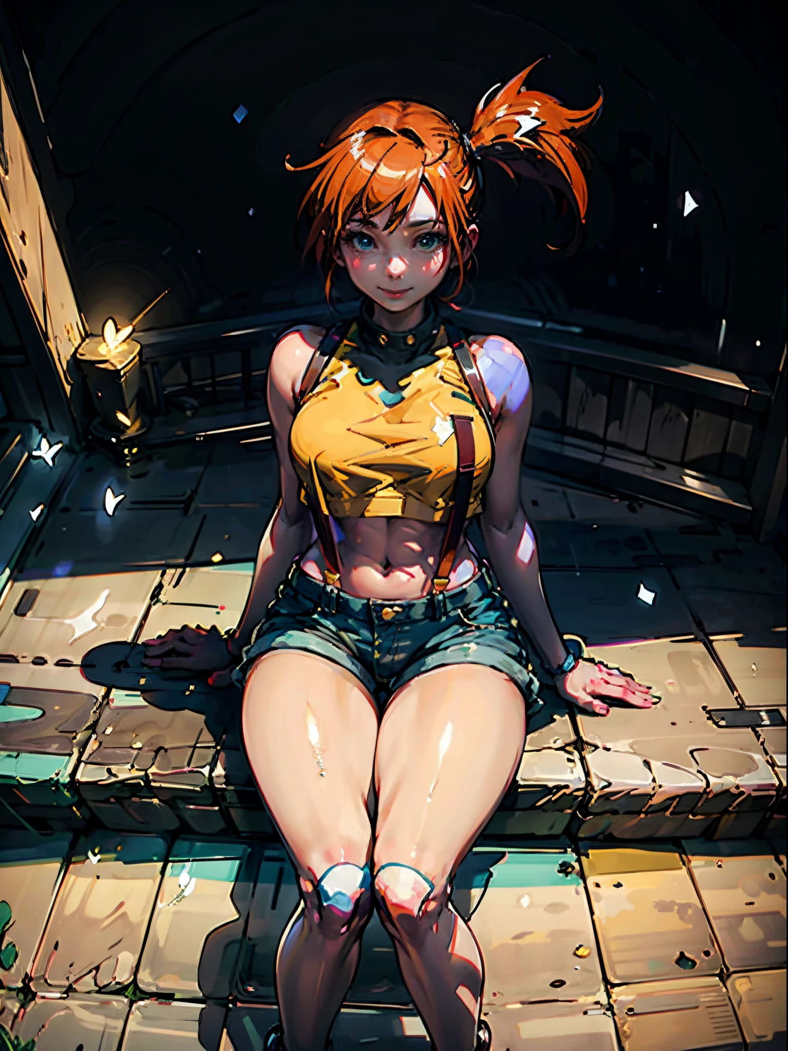 1girl, Misty_Pokemon, yellow crop top, suspenders, side ponytail, orange hair, denim shorts, sneakers, ((sitting, crossed legs, legs focus, smile, in a house)), curvy figure, overlooking city, blush, day 

BREAK 

(((Masterpiece))), ((Highly detailed character)), ((perfect eyes)), ((perfect face)), ((best quality)), ((perfect hands)), high resolution, highly detailed image, thick thighs

 BREAK

 Beautiful background, volumetric lighting,