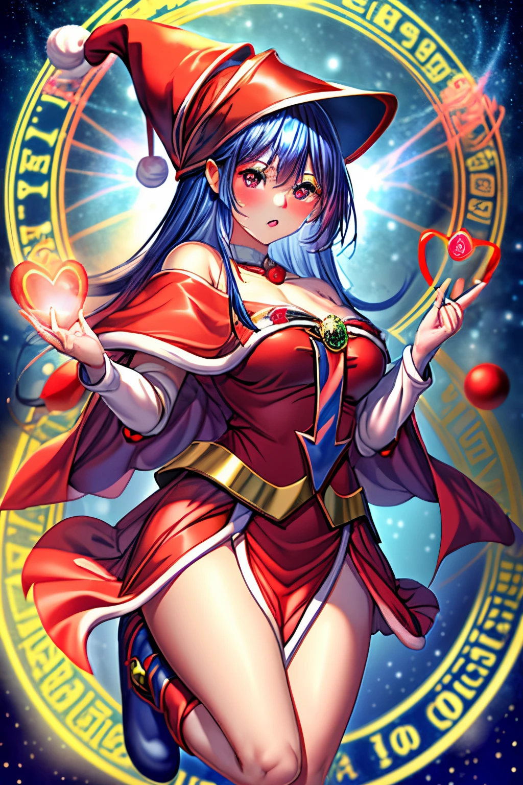 Dark magician gils christmas version. Ojos azules. Cabello rubio, labios rojos. Vestida con un traje de Santa Claus sexy. Minifalda roja. Capa blanca, blusa roja, sombrero roja de navidad. Fondos de estrellas y nieve callendo del cielo. Pose sejustiva y sensual y sexy. Levitating among a circle of magic. magic wheel. Heart in the air