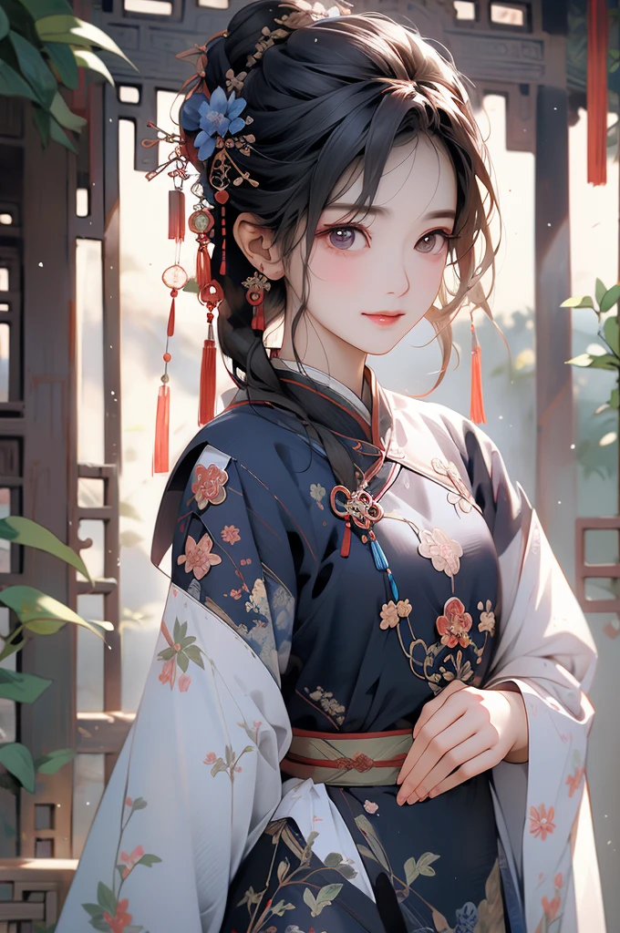 hoang lap,(masterpiece、top-quality、8K ),intricately details,ultra - detailed、Beautiful Chinese womone),A slight smil、Traditional Chinese Bluehambu、plows、(The upper part of the body,up-close:1.3),Redlip、Elongated eyes、Standing next to the plum tree、pond side、hyper realisitc,perfect anatomia