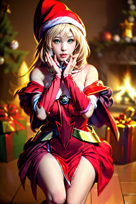 Dark magician gils christmas version. Ojos azules. Cabello rubio, labios rojos. Vestida con un traje de Santa Claus sexy. Minifa...