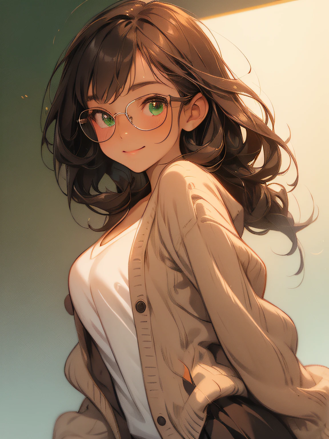 (masterpiece), best quality, expressive eyes, perfect face, 1girl, long brown hair, green eyes, dark skin, round glasses, brown cardigan, skirt, high res, ultrasharp, smile, simple background