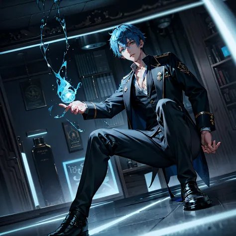 1 male character with blue hair and blue eyes and a black jacket, hypnosis eyes, demon eyes, handsome, full body,