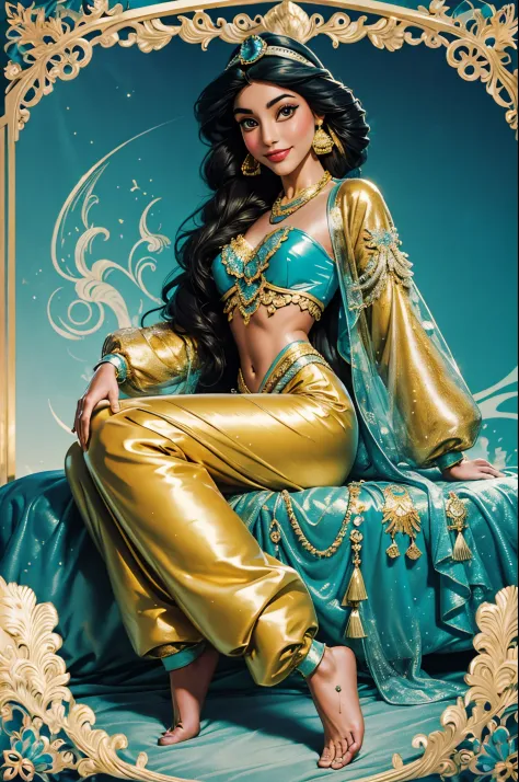 princess jasmine smiling
very long hair.
wearing on a long shiny plastic puffer jacket.
she wears traditional arab pants made of...