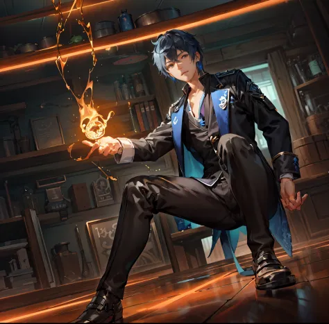 anime character sitting on the floor with a chain in his hand, he is in a alchemist lab, trending on artstation pixiv, official ...