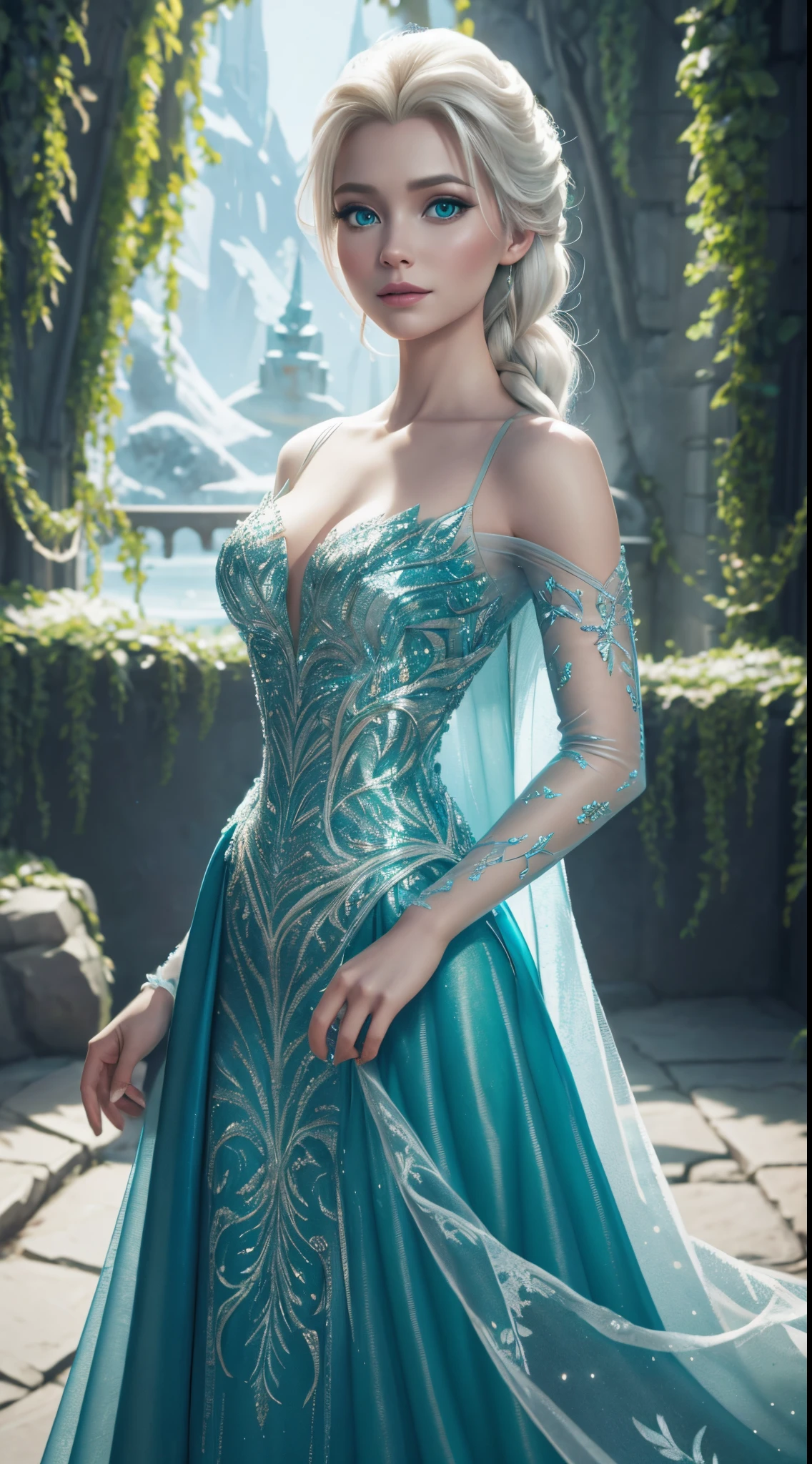 a frozen princess in a green dress, frozen ii movie still, White Backround, .png charackter elsa, render of mirabel madrigal, tight long and dress, elsa green dress, tight fashion, portrait of elsa of arendelle, disney render, elsa frozen, beautiful elsa, portrait of elsa from frozen, animated movie still, greta thunberg, elsa from frozen, official render, elsa, full body render, wearing a dress made of vines