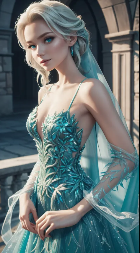 a frozen princess in a green dress, frozen ii movie still, render of mirabel madrigal, tight long and dress, elsa green dress, t...